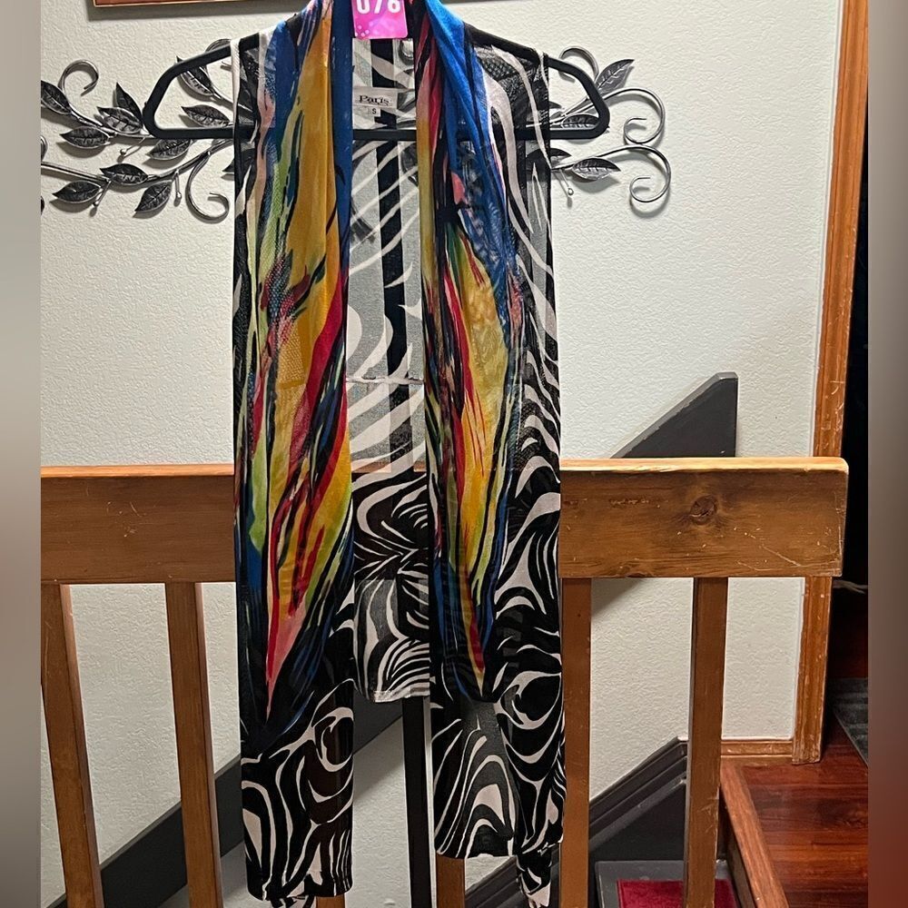 NWOT Pairs Blues Brightly Colored Zebra Print Open Vest Size Small #076